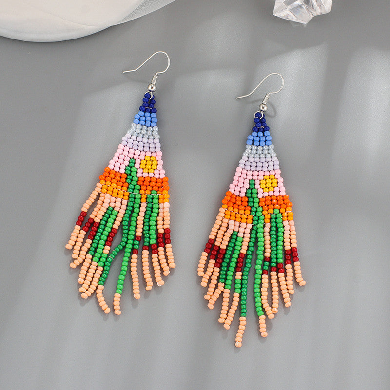 Desert Cactus Beaded Tassel Drop Earrings