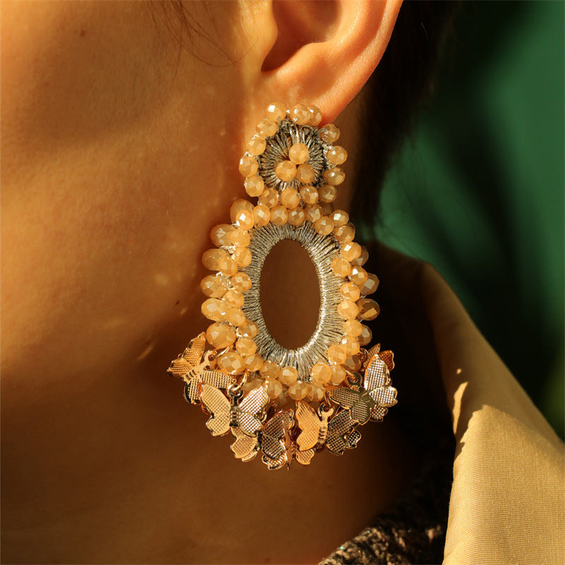 Crochet Beaded Butterfly Drop Earrings