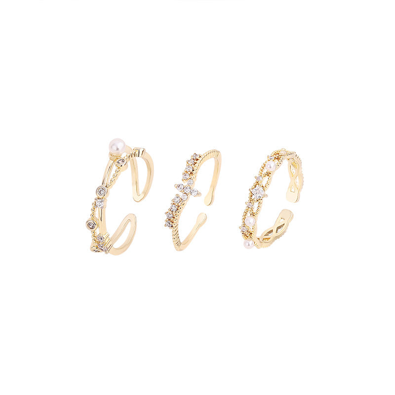 3 Piece Dainty Pearl and Rhinestone Ring Set