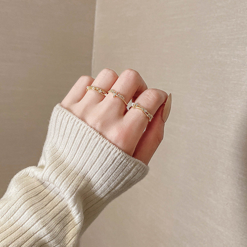3 Piece Dainty Pearl and Rhinestone Ring Set