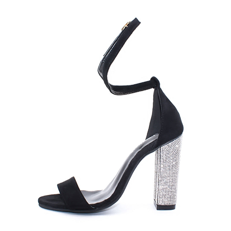 Rhinestone Block Heel Open Ankle Strap Toe Strap
