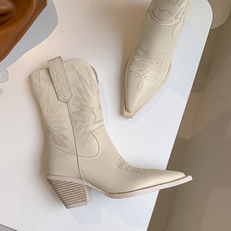 Western Stitch Pointed Toe Leather Cowgirl Calf Length Boots