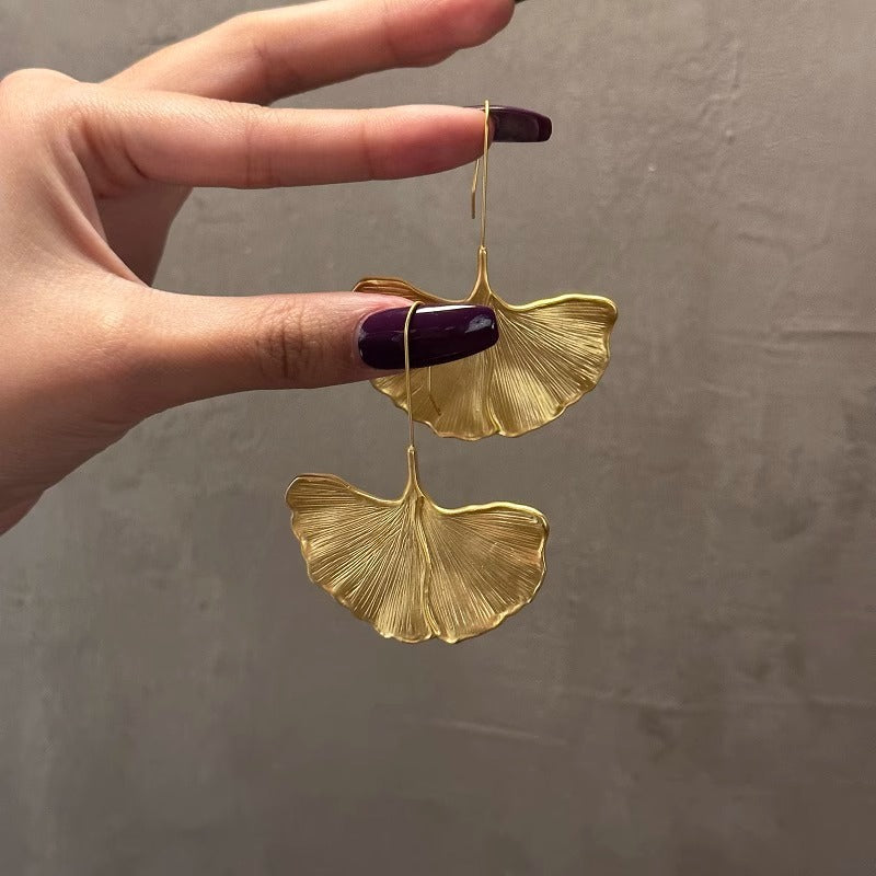 Golden Ginkgo Leaf Hook Earrings