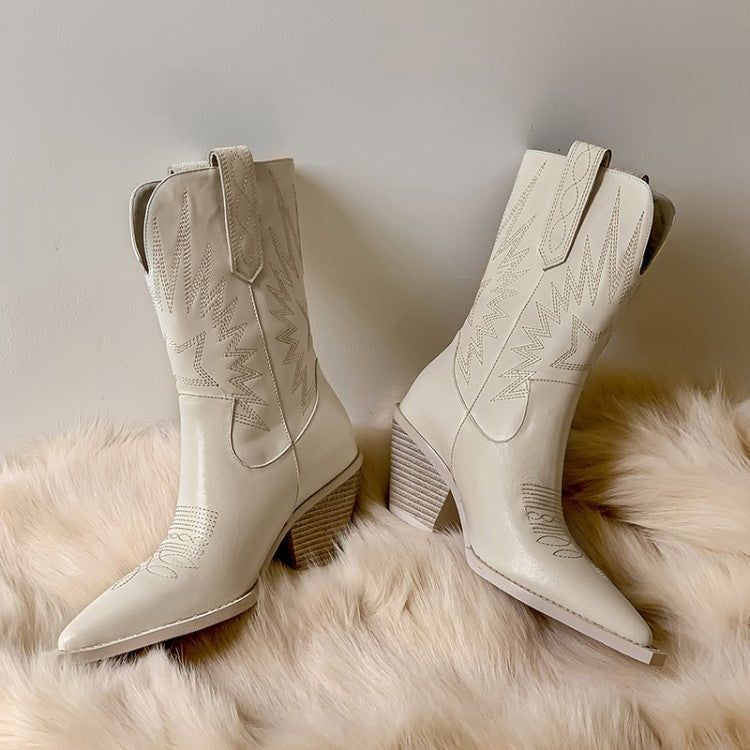 Western Stitch Pointed Toe Leather Cowgirl Calf Length Boots