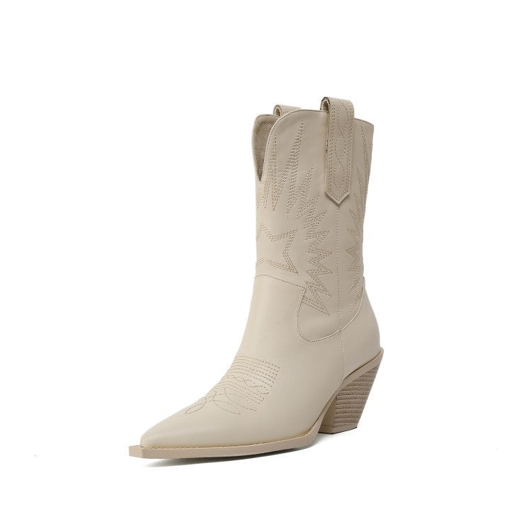 Western Stitch Pointed Toe Leather Cowgirl Calf Length Boots