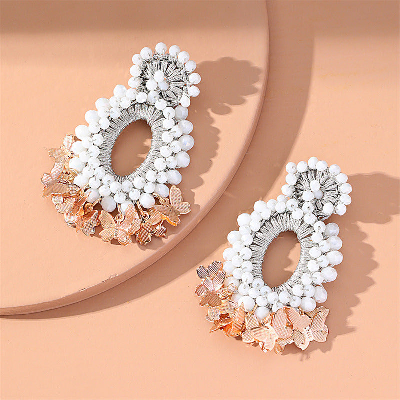 Crochet Beaded Butterfly Drop Earrings