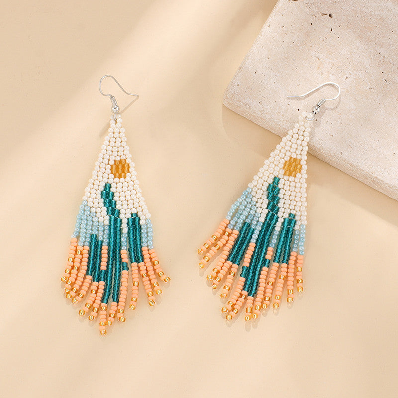 Desert Cactus Beaded Tassel Drop Earrings