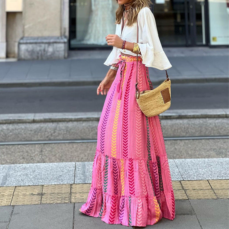 Bohemian Ruffle and Tassel Belt Maxi Skirt