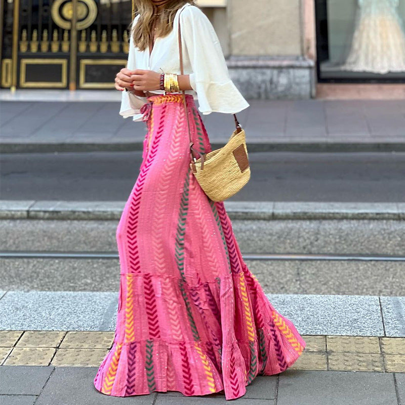 Bohemian Ruffle and Tassel Belt Maxi Skirt