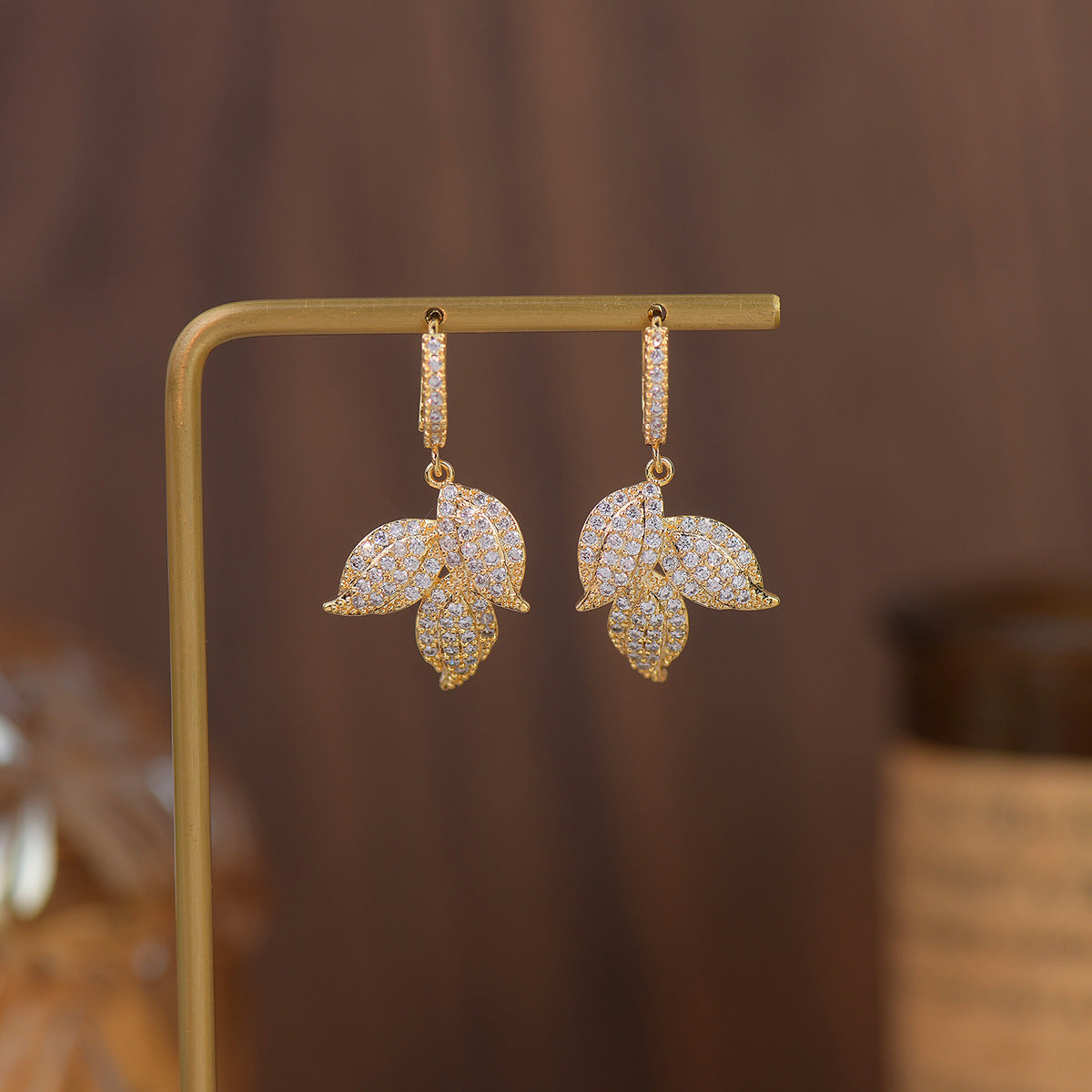 Gold Leaf Rhinestone Dangle Earrings