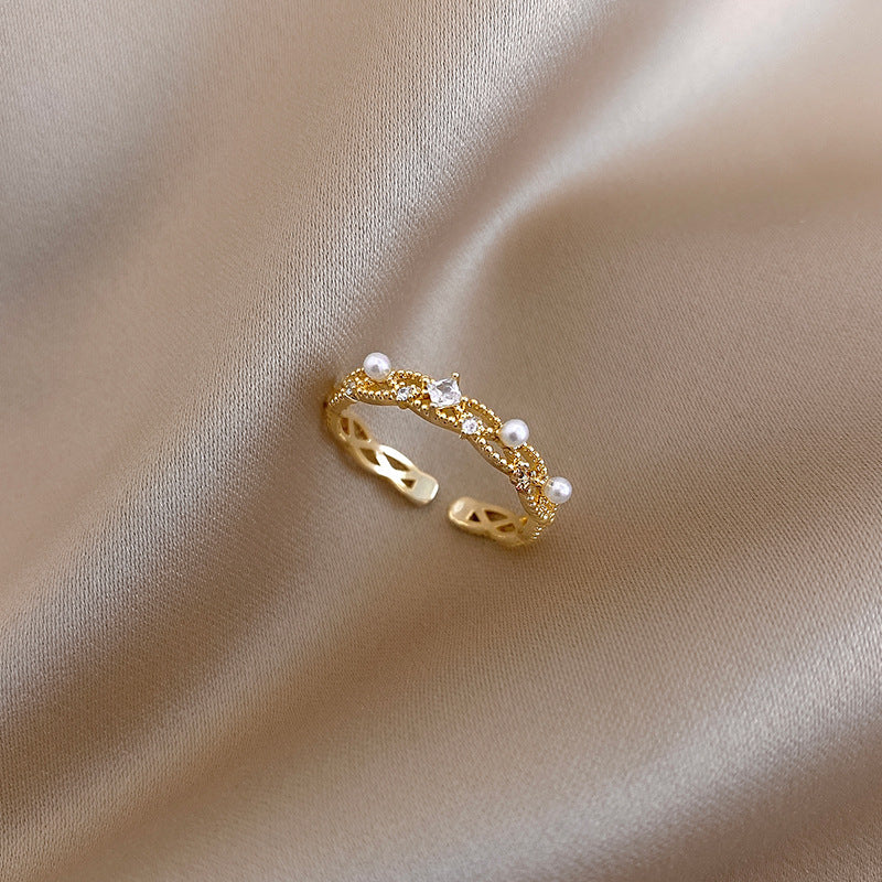 3 Piece Dainty Pearl and Rhinestone Ring Set