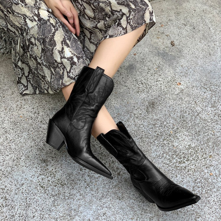 Western Stitch Pointed Toe Leather Cowgirl Calf Length Boots