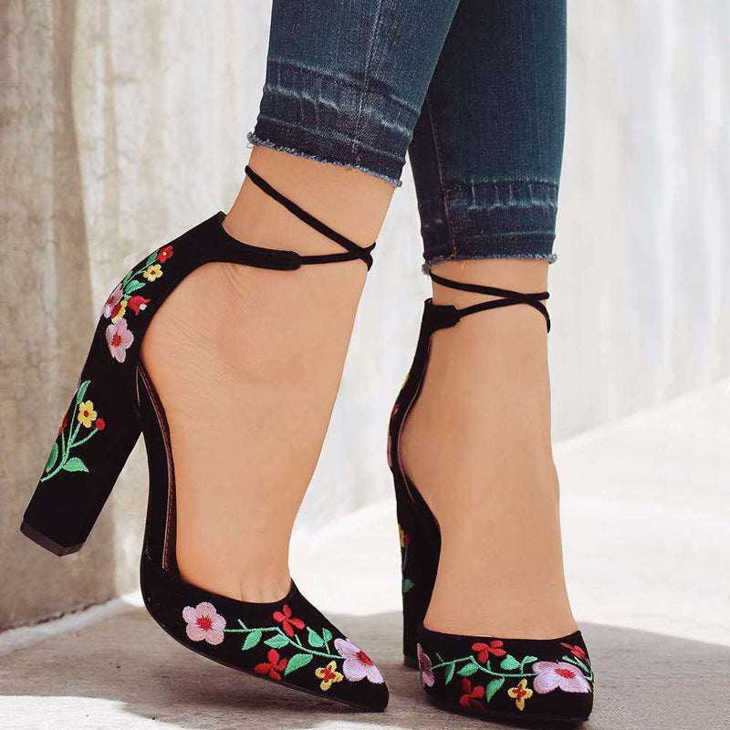 Embroidered Floral Suede Closed Toe Block Heel
