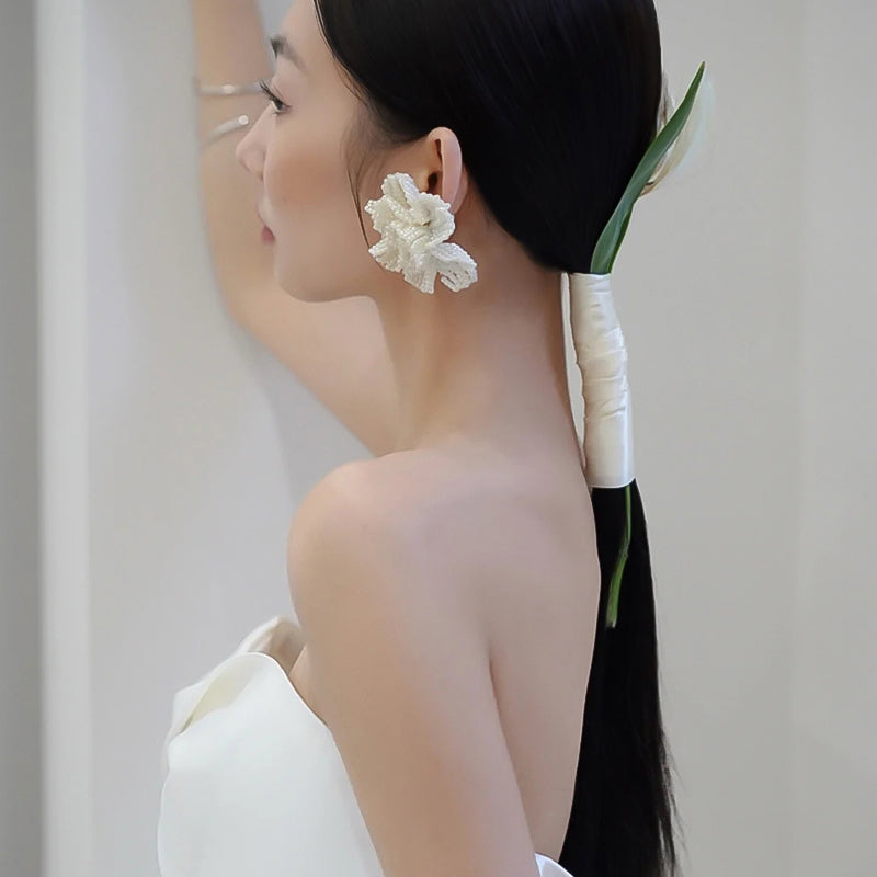 Beaded Pearl Flower Statement Drop Earrings