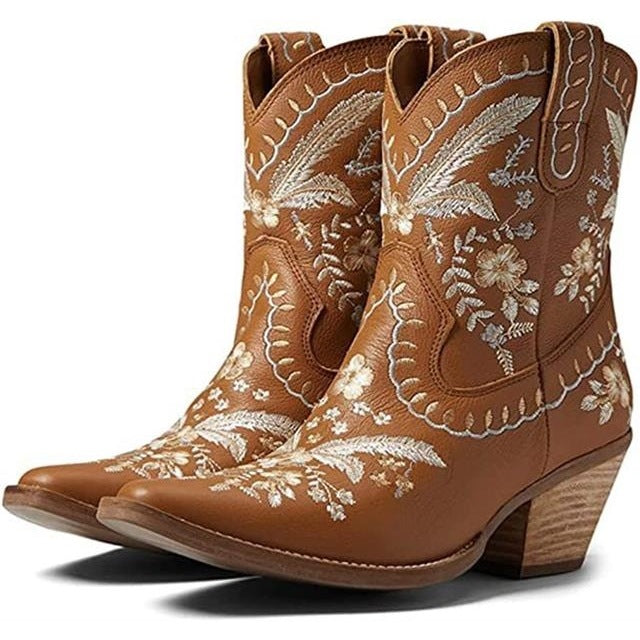 Elegant Boho Floral Embroidered Pointed Toe Western Cowgirl Boot