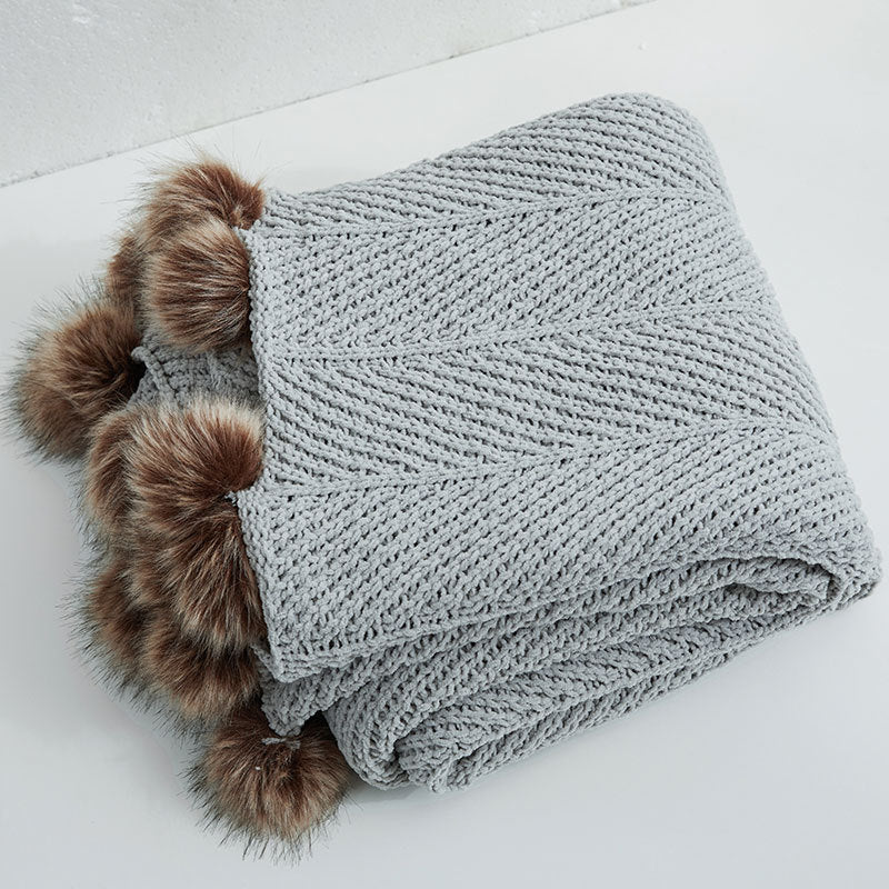 Fur PopPom Knit Blanket