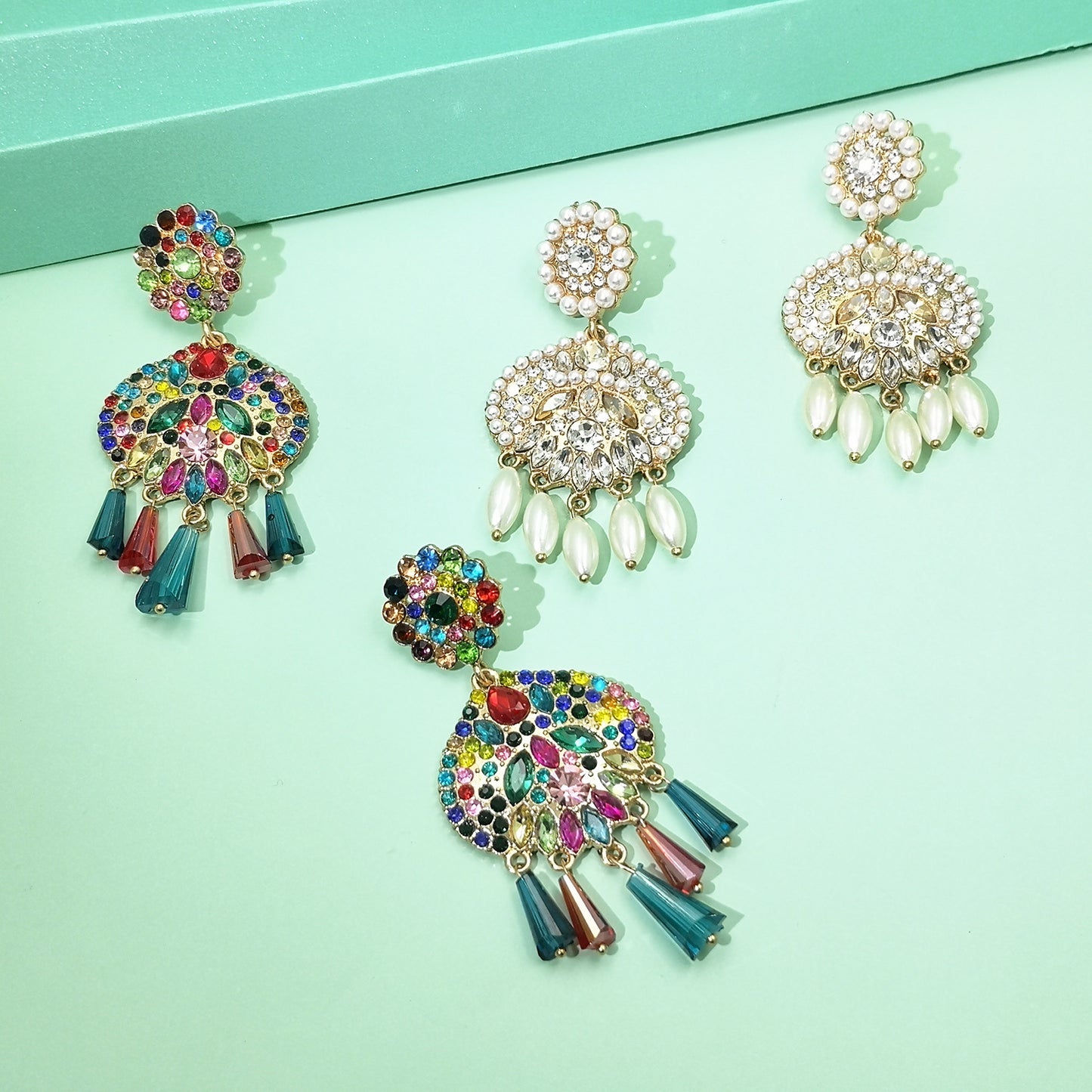 Chandelier Tassel Pearl and Rhinestone Encrusted Statement Earrings