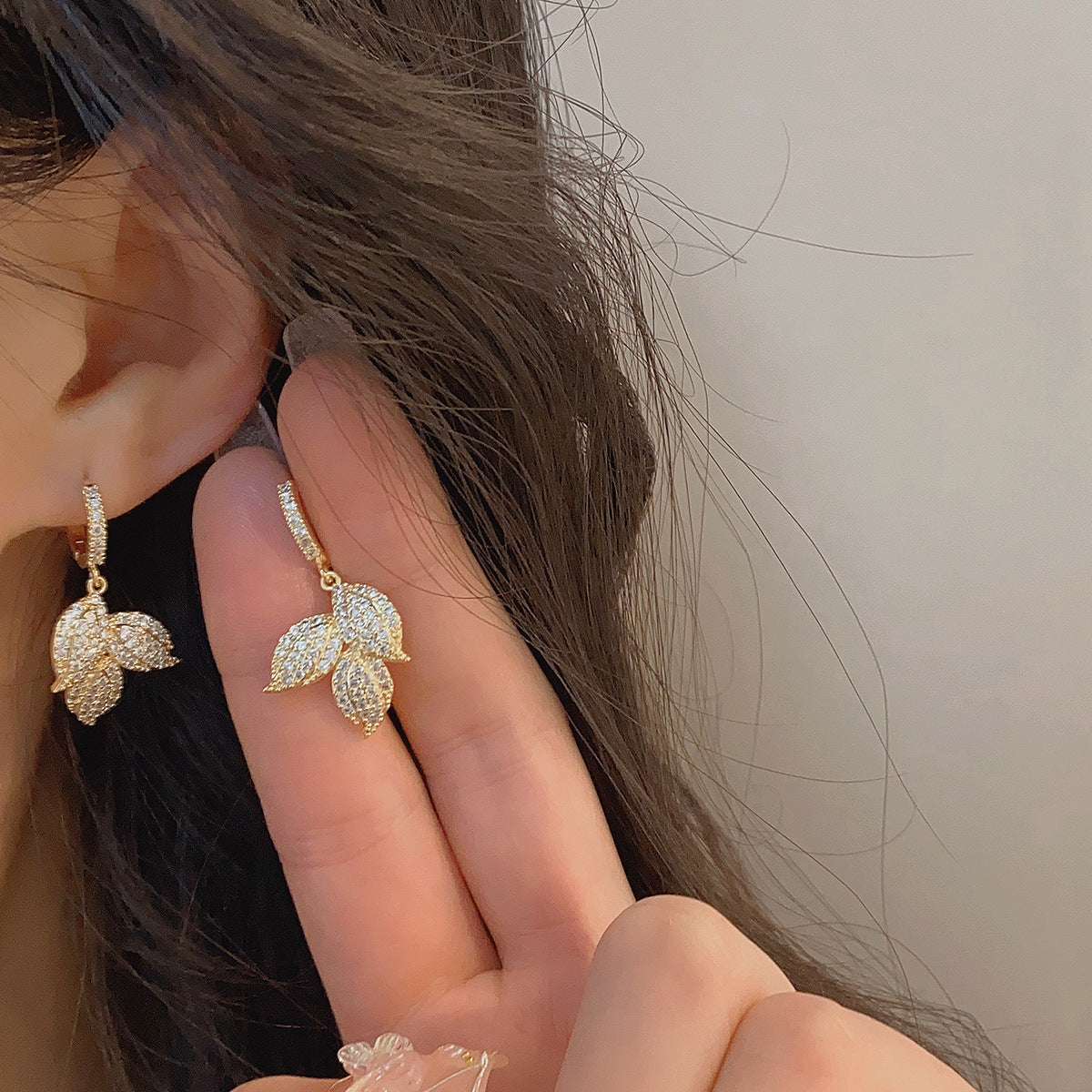 Gold Leaf Rhinestone Dangle Earrings