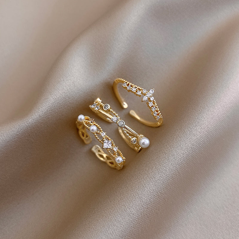 3 Piece Dainty Pearl and Rhinestone Ring Set