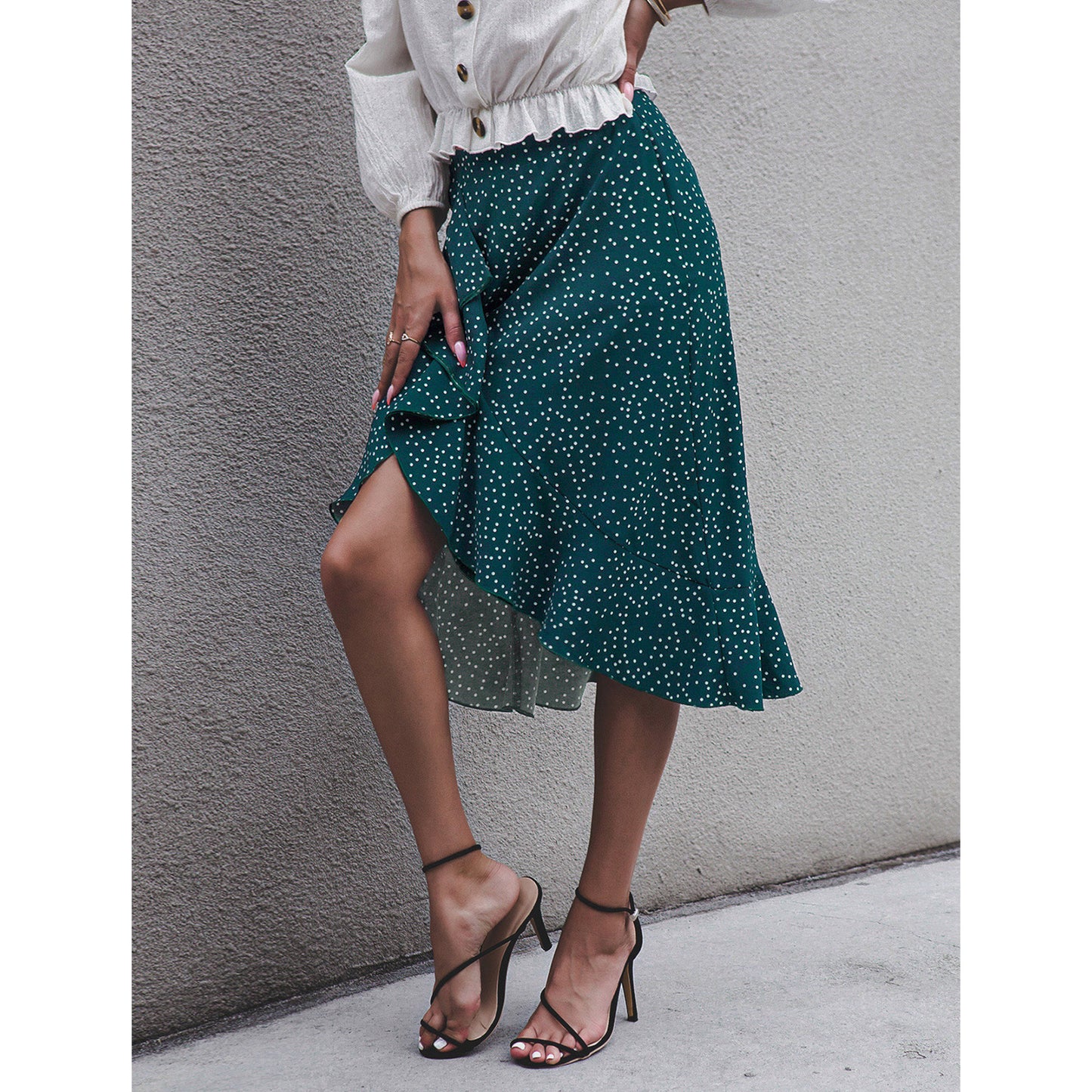 Asymmetrical Ruffle Polka Dot Tea Length Skirt