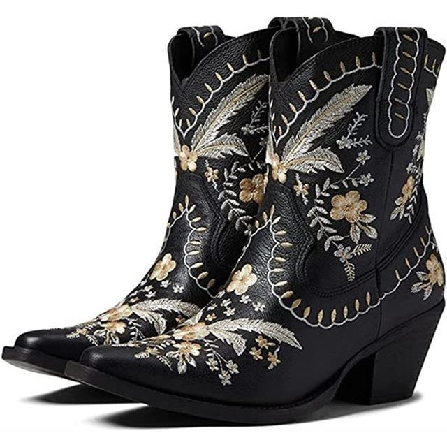 Elegant Boho Floral Embroidered Pointed Toe Western Cowgirl Boot