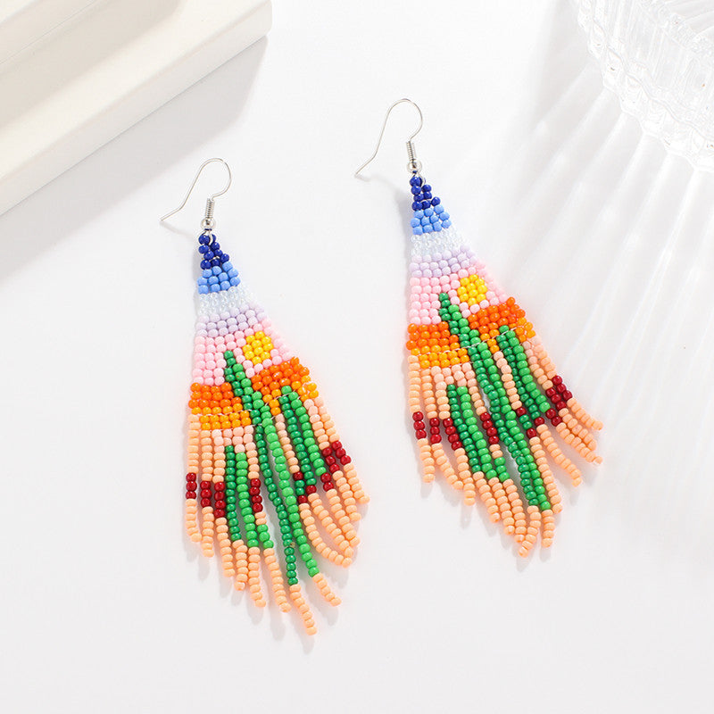 Desert Cactus Beaded Tassel Drop Earrings