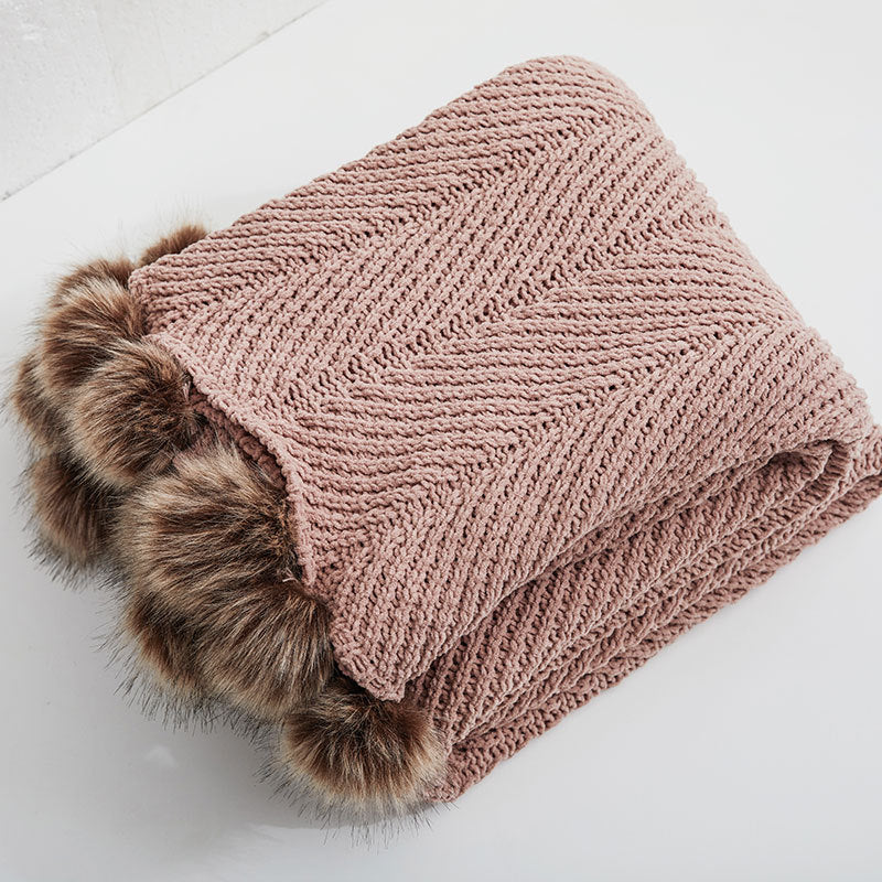 Fur PopPom Knit Blanket