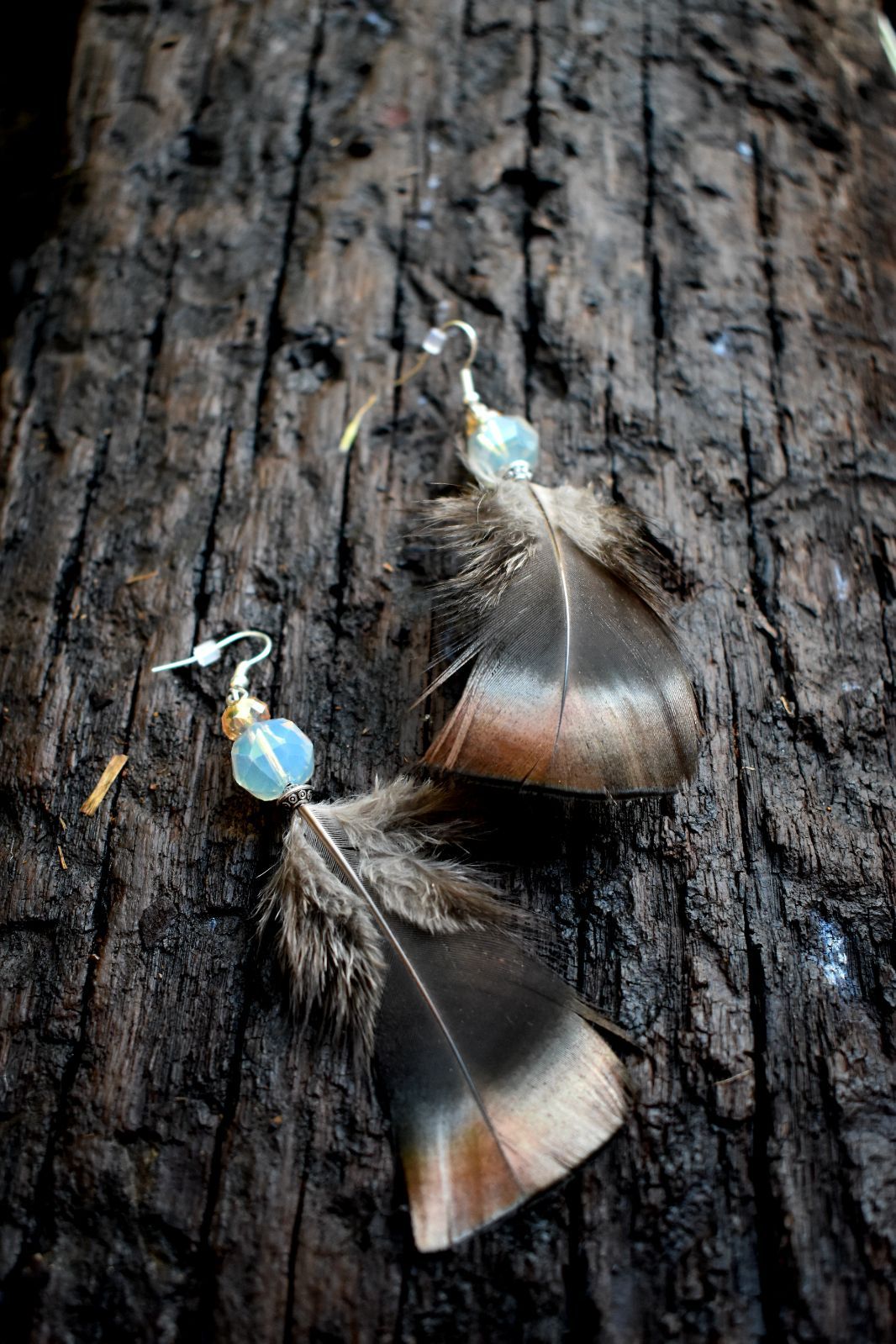 Yellow & Clear Bead Turkey Feather Earrings