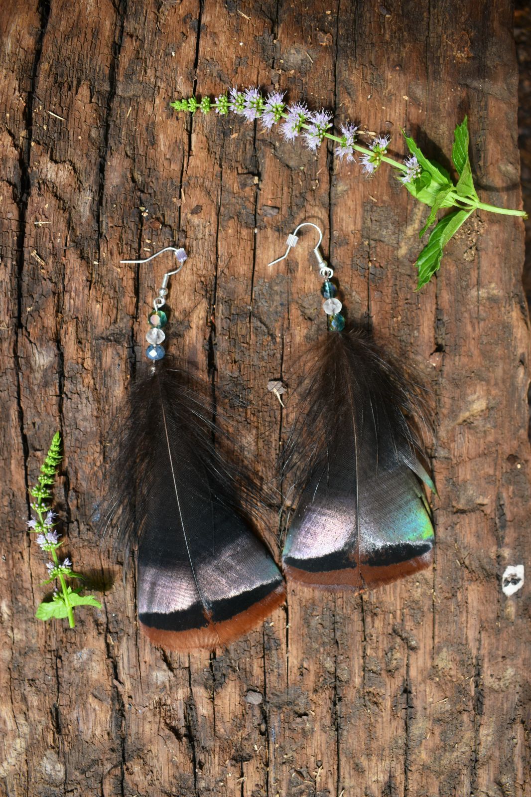Turquoise & Clear Bead Turkey Feather Earrings