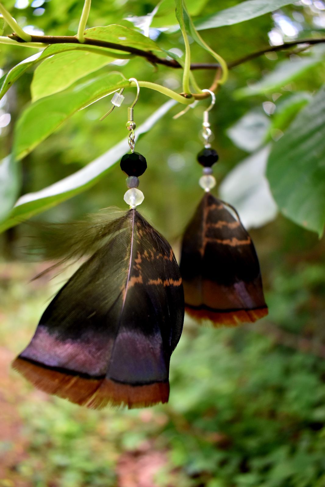 Black, Gray, & Clear Bead Turkey Feather Earrings