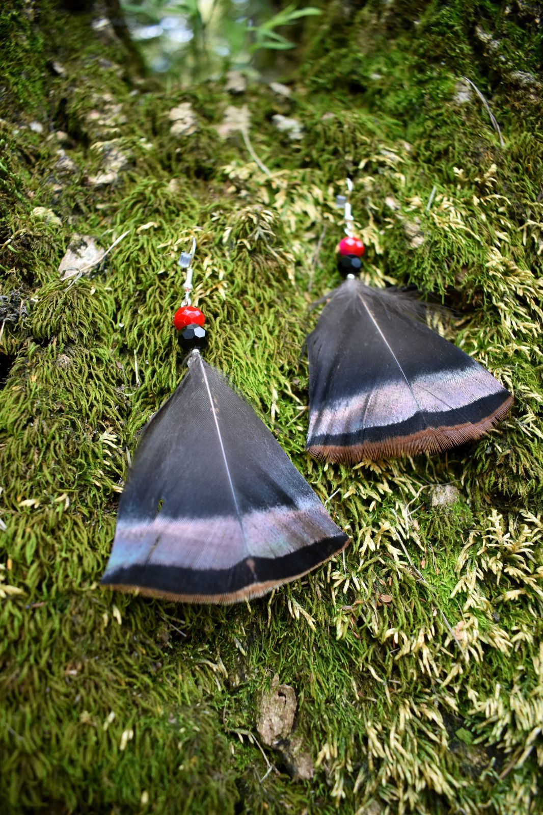 Red & Black Bead Turkey Feather Earrings