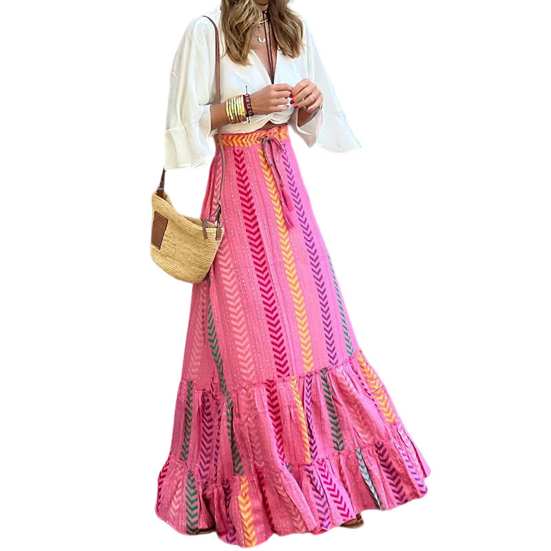 Bohemian Ruffle and Tassel Belt Maxi Skirt