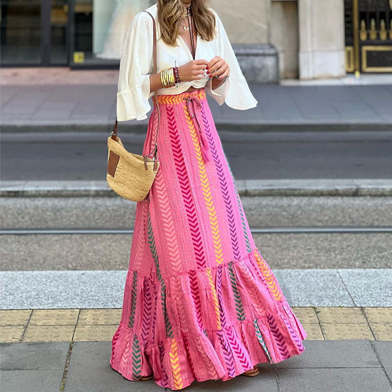 Bohemian Ruffle and Tassel Belt Maxi Skirt