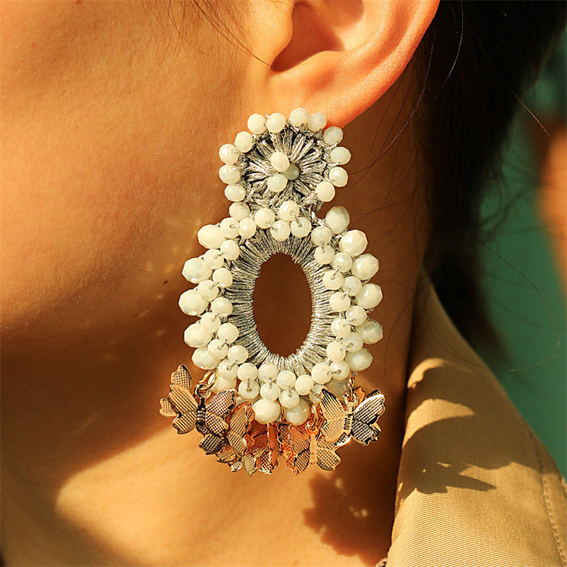 Crochet Beaded Butterfly Drop Earrings
