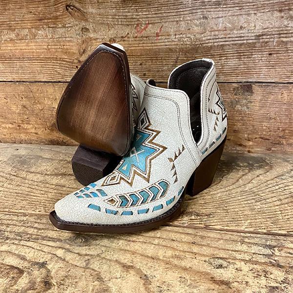 Cut-out Ivory and Turquoise Aztec Western Boot
