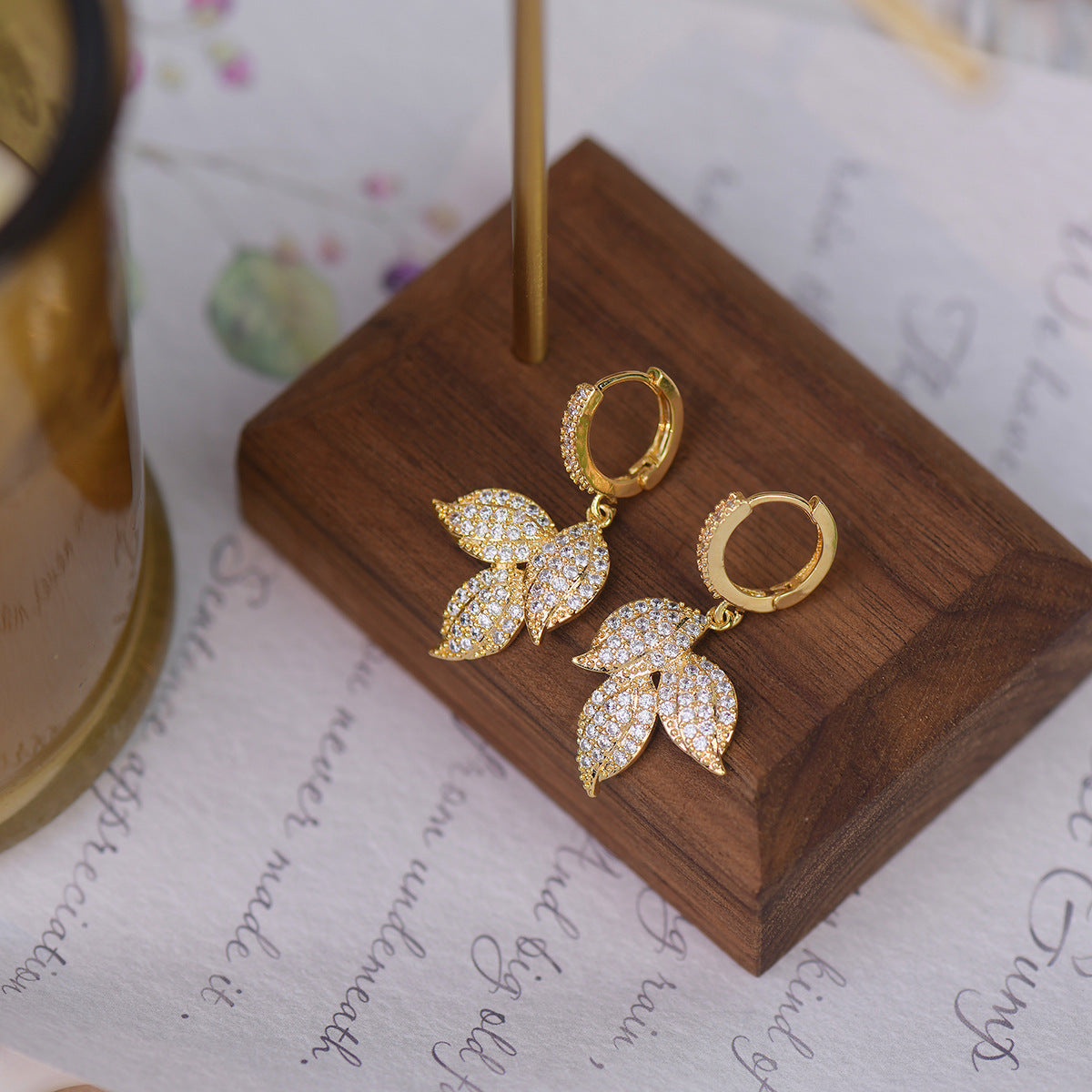 Gold Leaf Rhinestone Dangle Earrings