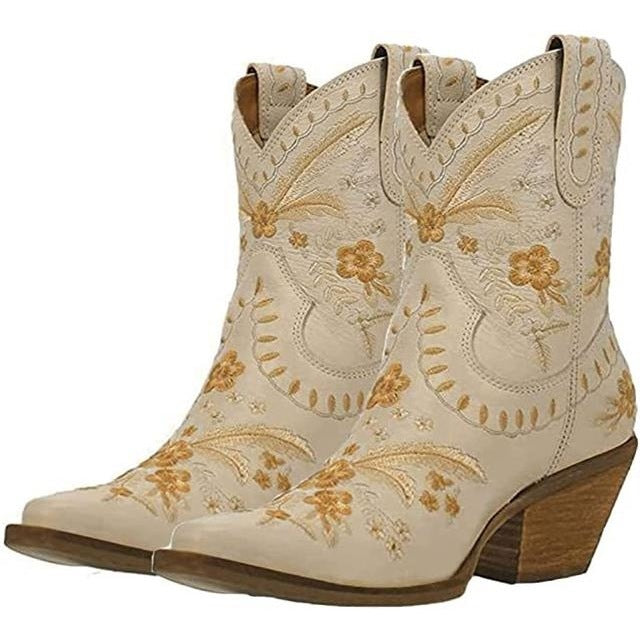 Elegant Boho Floral Embroidered Pointed Toe Western Cowgirl Boot