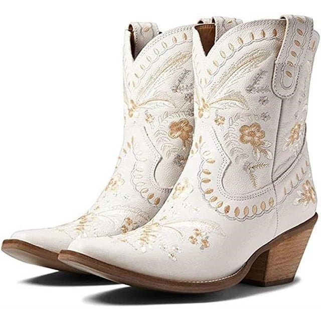 Elegant Boho Floral Embroidered Pointed Toe Western Cowgirl Boot