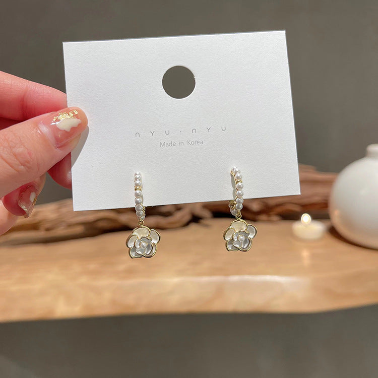 Ivory Pearl Camellia Hoop Dangle Earrings