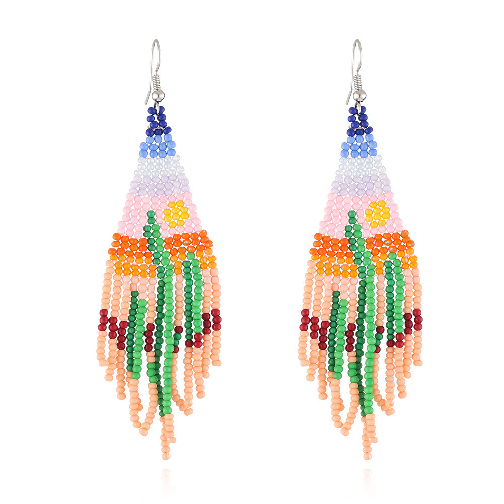 Desert Cactus Beaded Tassel Drop Earrings