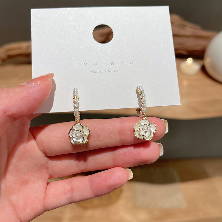 Ivory Pearl Camellia Hoop Dangle Earrings