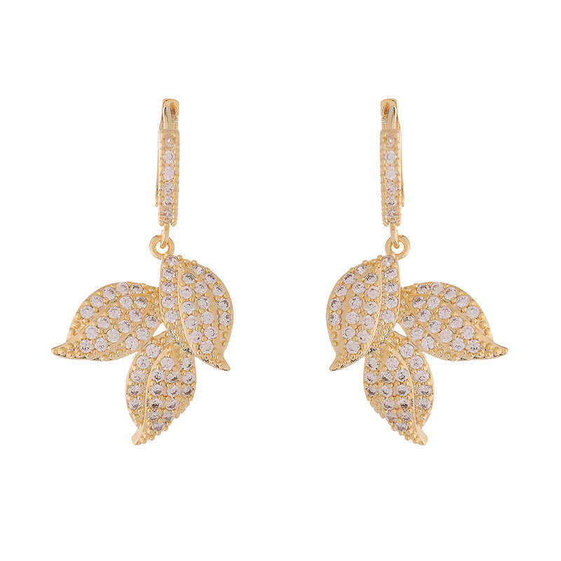 Gold Leaf Rhinestone Dangle Earrings