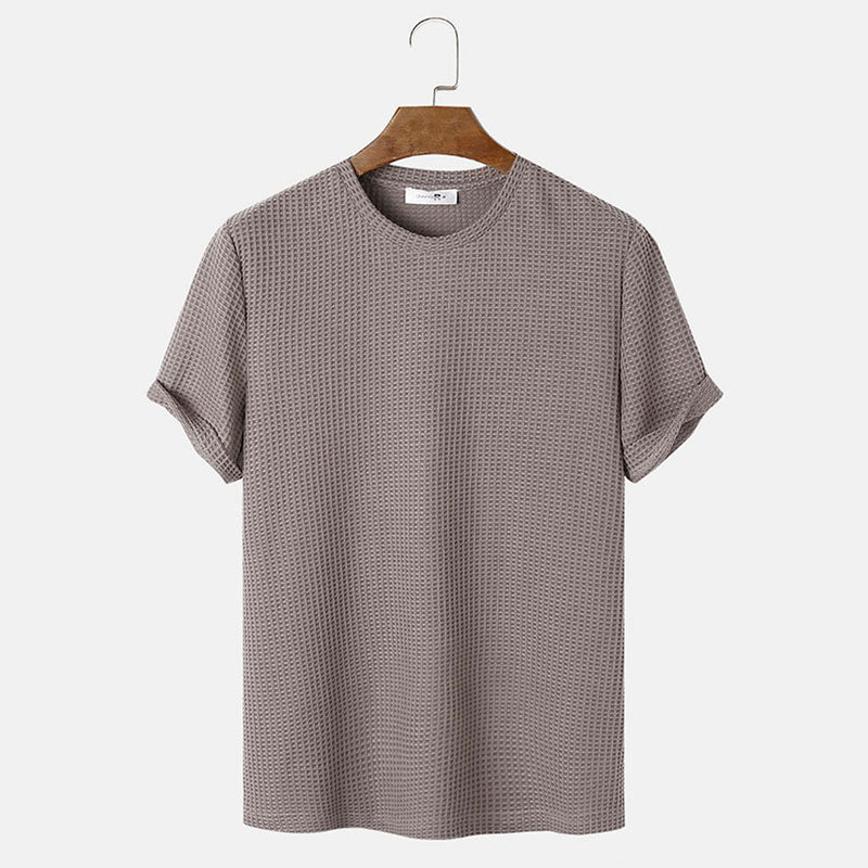 Men's Waffle Knit Solid Color Round Neck Shirt