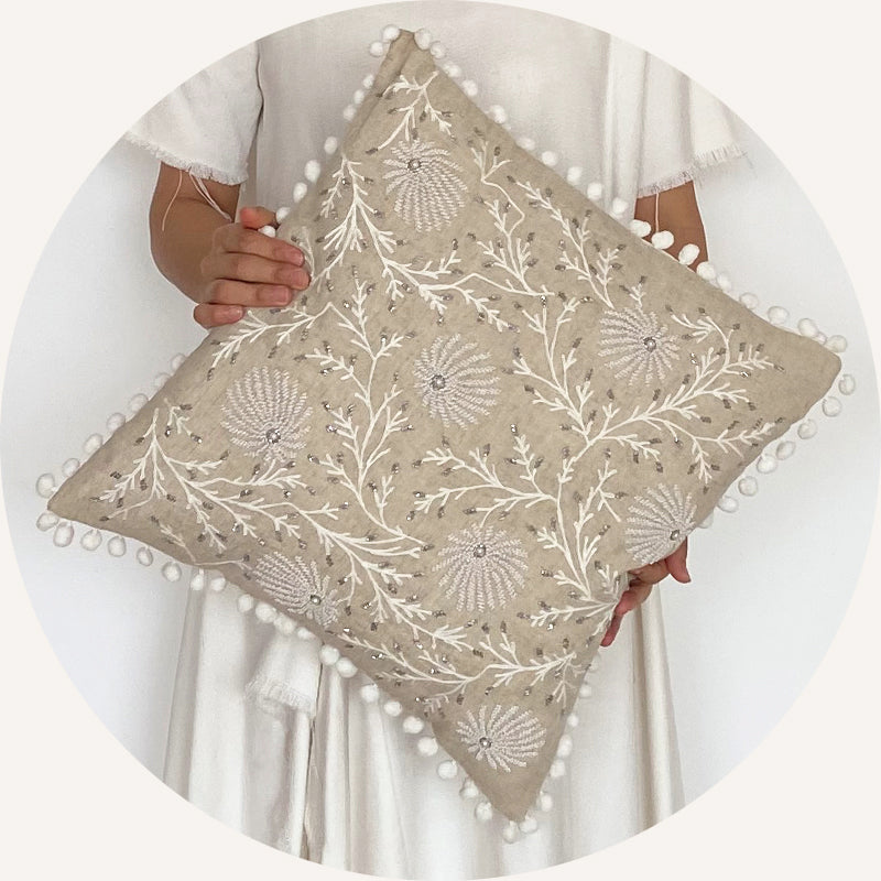 Floral/ Botanical/ Pearl Beadwork Decorative Throw Pillow