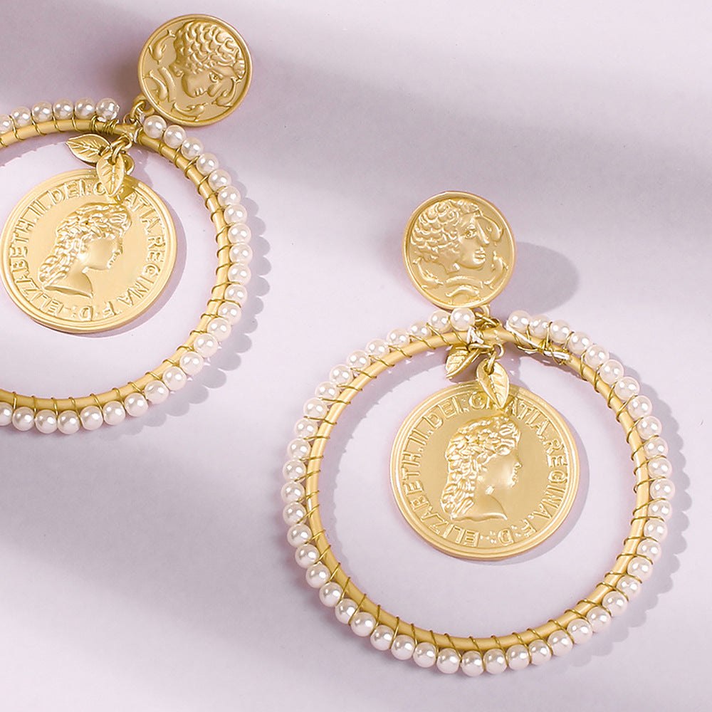 Boho Gold Coin Pearl Dangle Earrings