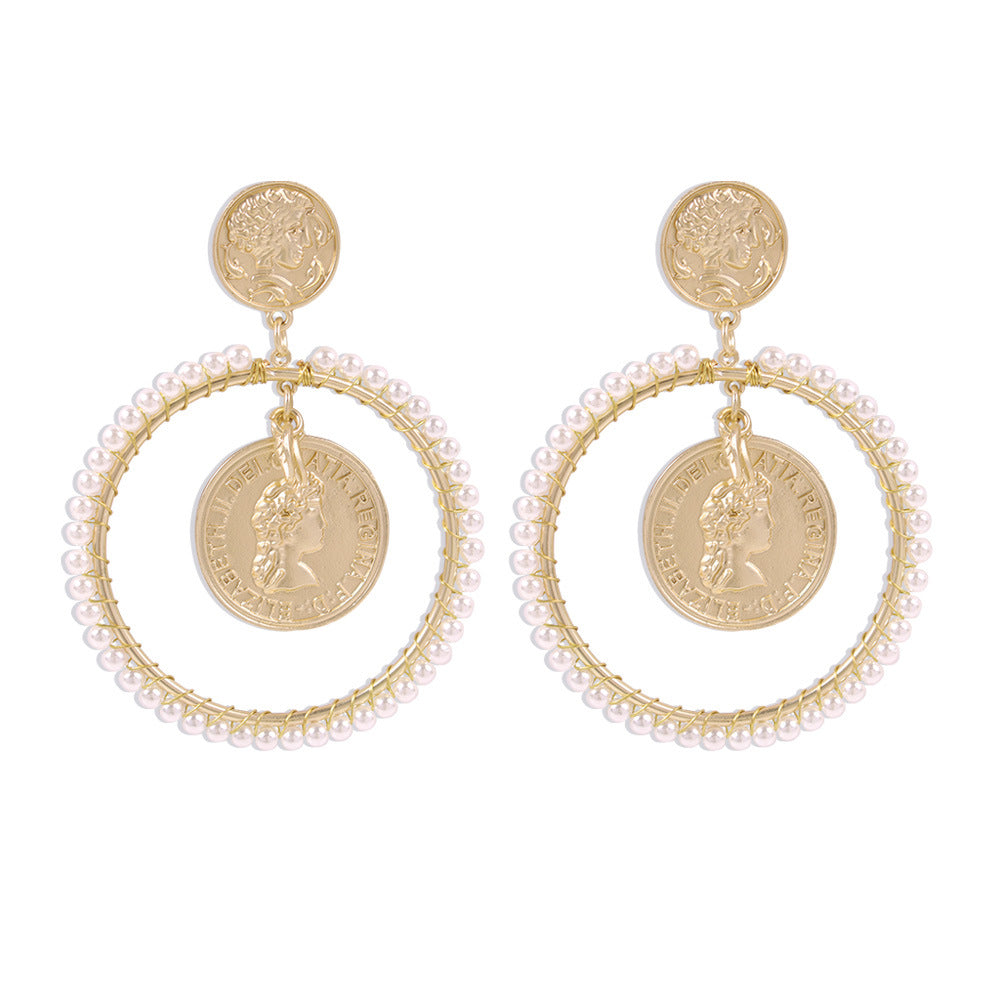 Boho Gold Coin Pearl Dangle Earrings