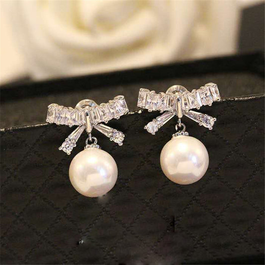 Diamond Bow Pearl Dangle Earrings