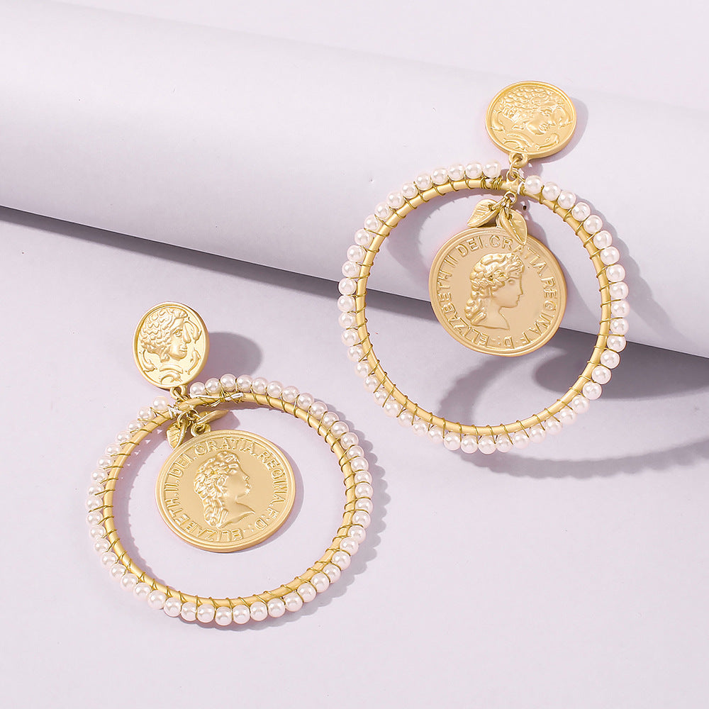 Boho Gold Coin Pearl Dangle Earrings