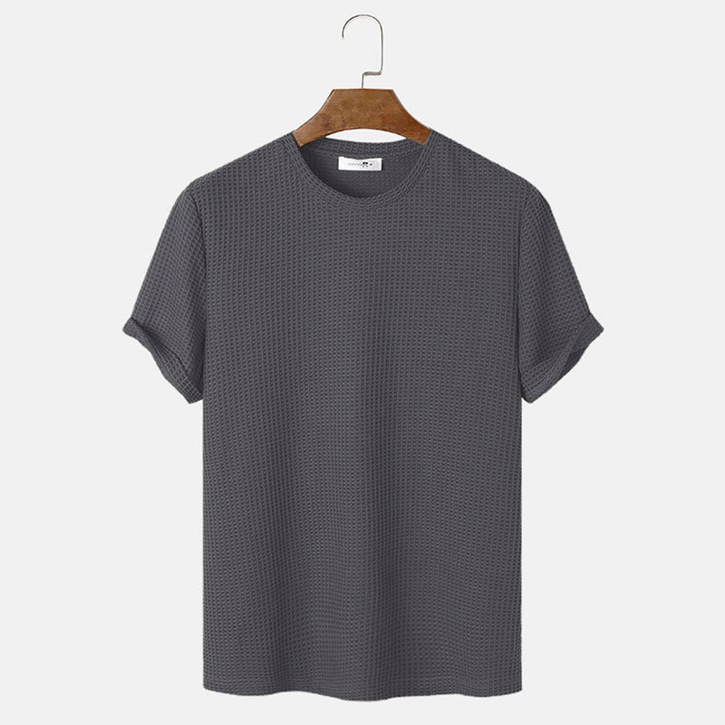 Men's Waffle Knit Solid Color Round Neck Shirt