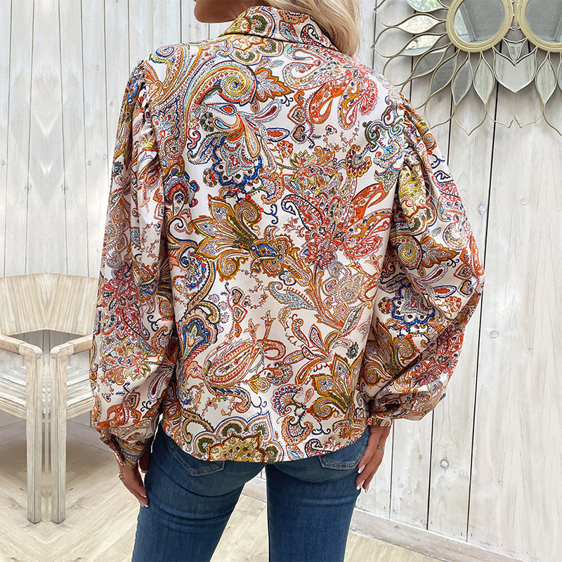 Paisley Printed Collared Button Down Top